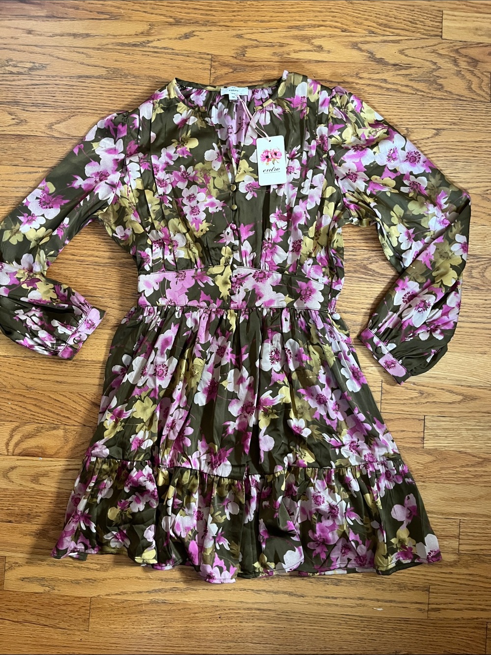 Women’s Floral Olive Green & Pink Satin Mini Dress Sz M NWT